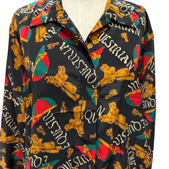 Vintage Jordan Equestrian Print Blouse Black Gold Chain Scarf Style Size 38 - Picture 4 of 5